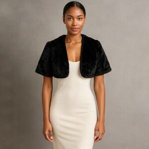 Caché Black Faux Fur‎ Bolero Jacket Size Small Short Sleeve Evening Shrug